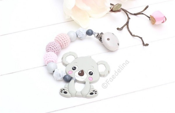 Beisskette Zahnungshilfe Koala Silikonperlen Baby Mädchen Geschenkidee grau/rosa