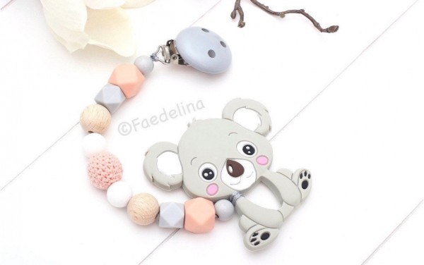 Beisskette Zahnungshilfe Silikon Koala grau/apricot Häkelperlen Baby Mädchen
