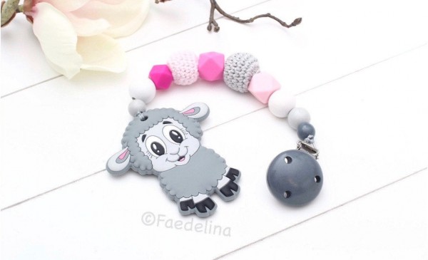 Beisskette Zahnungshilfe Silikonperlen Schaf Baby Mädchen grau/pink Geschenkidee